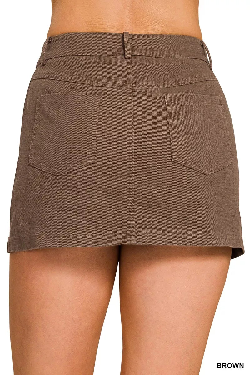 Cotton twill mini skirt side view showing pocket