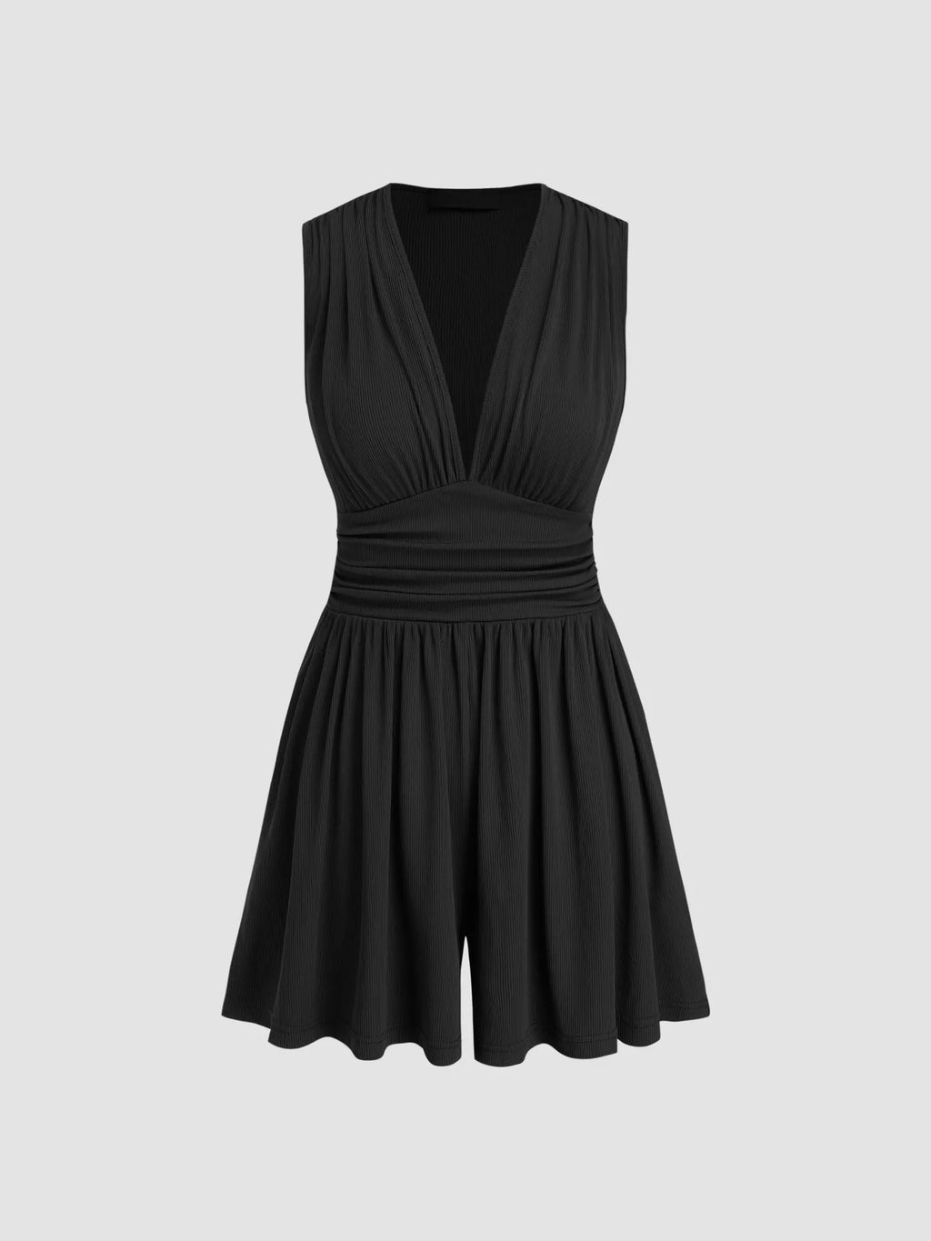 Ruched sleeveless romper side view showing v neckline