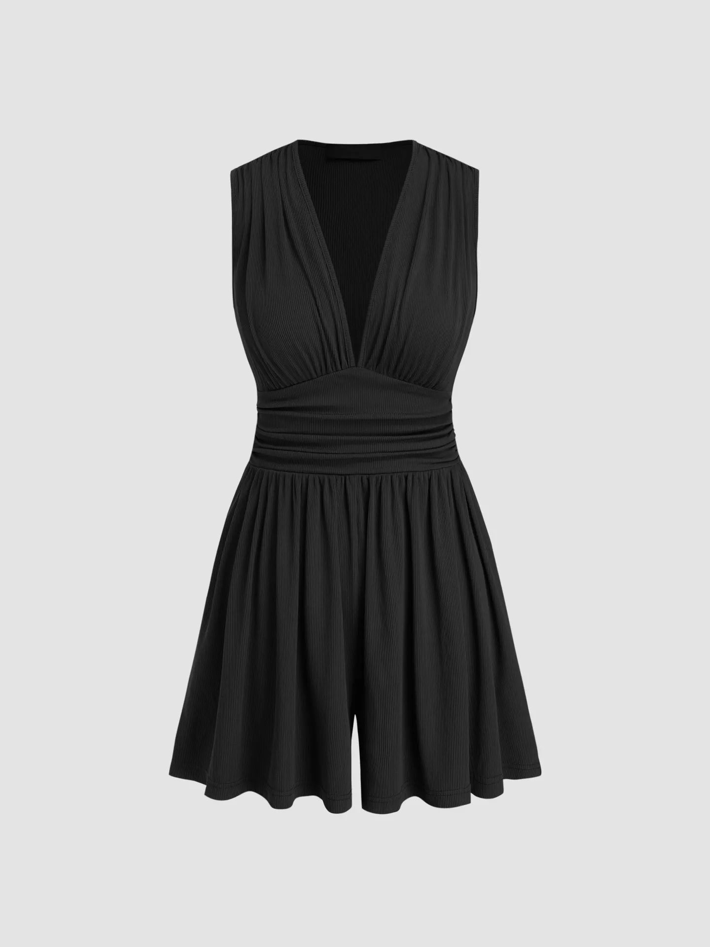 Ruched sleeveless romper side view showing v neckline