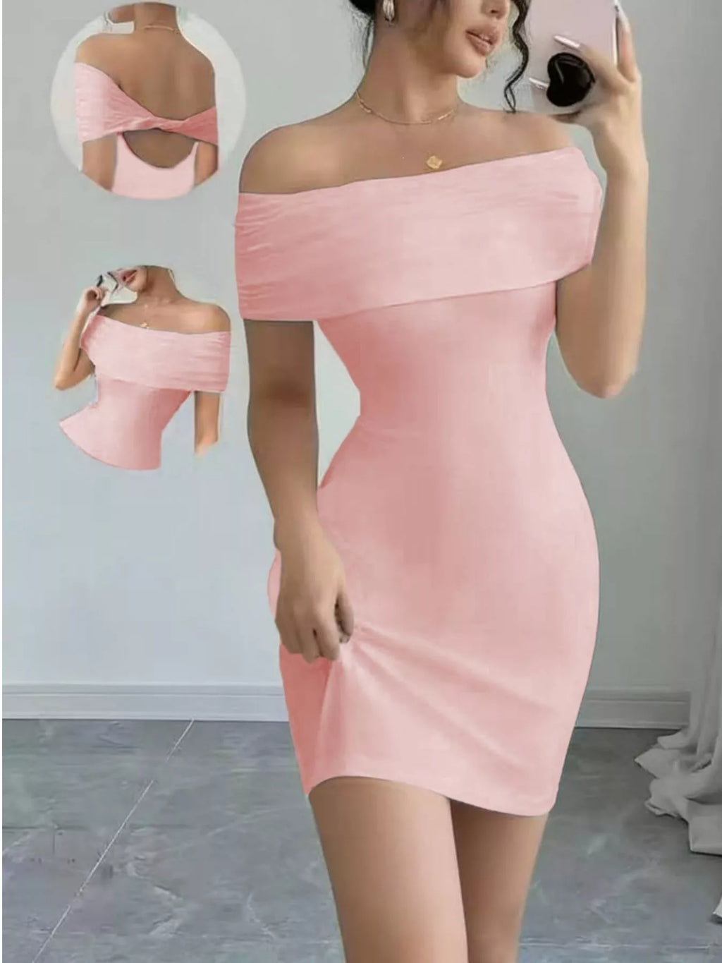 Off shoulder neckline detail on mini dress