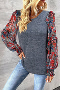 Dark gray floral frill lantern sleeve blouse front view