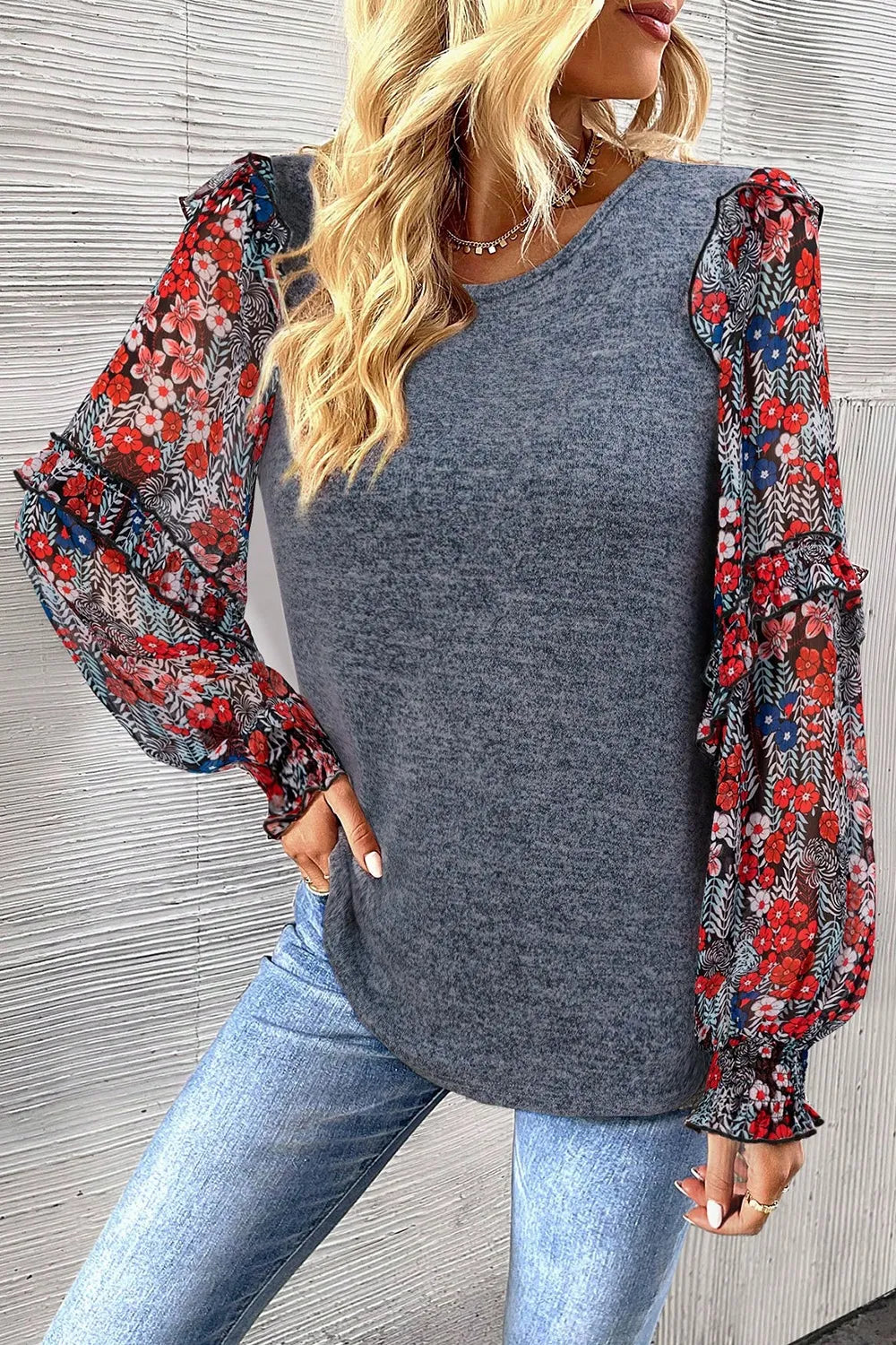 Dark gray floral frill lantern sleeve blouse front view