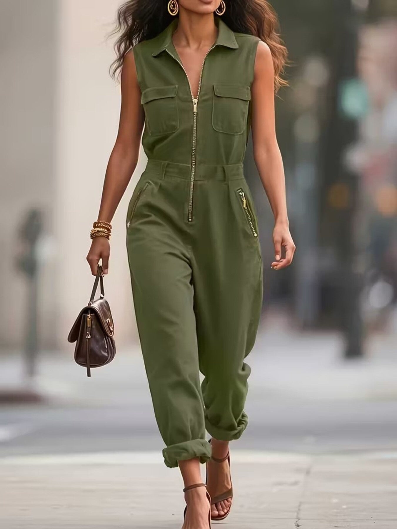 Sleeveless zip up jumpsuit front view