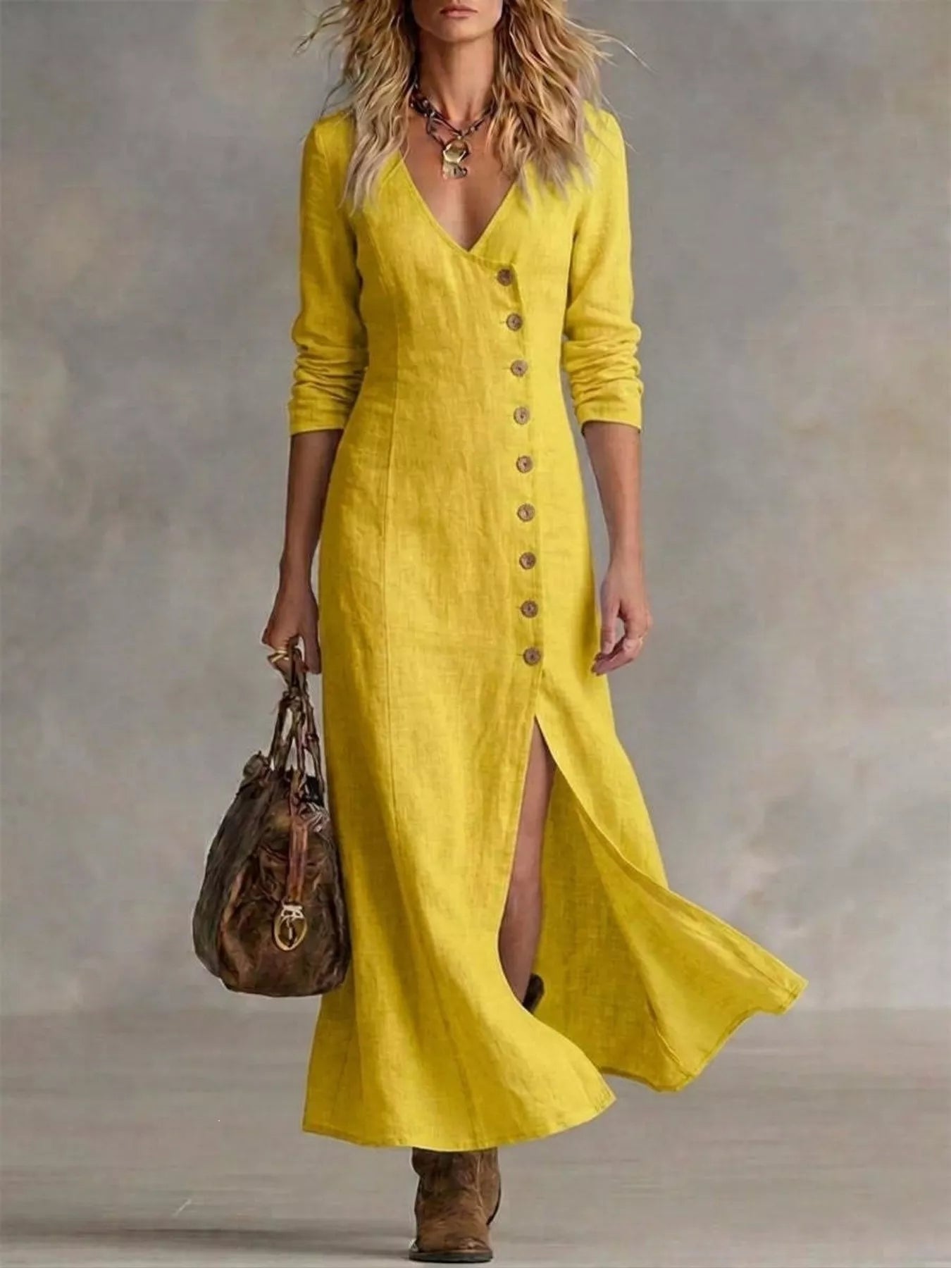 Womens maxi dress with slit walking view