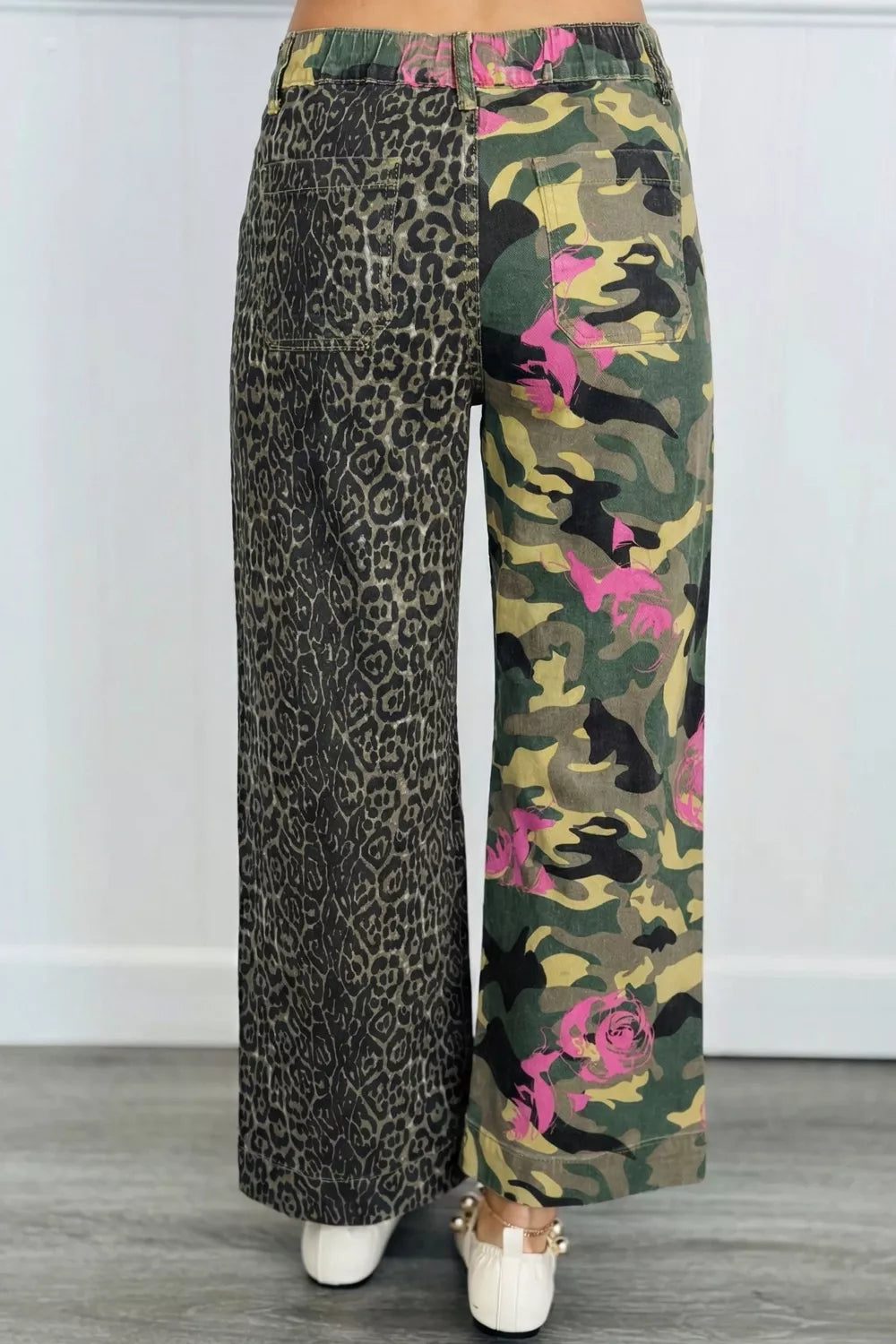 Side view of army green patchwork jeans