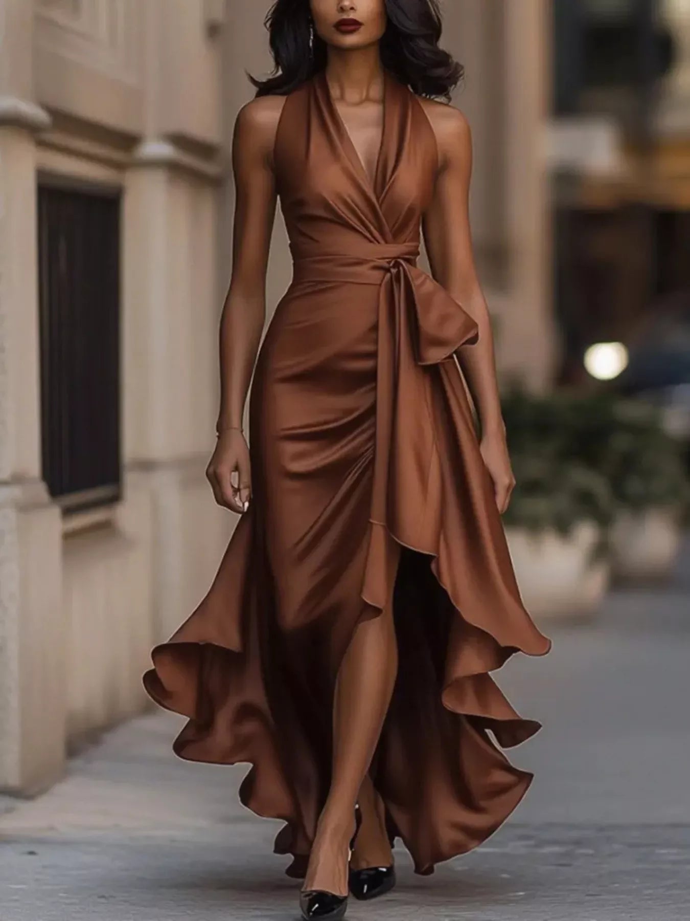 Satin maxi dress in brown