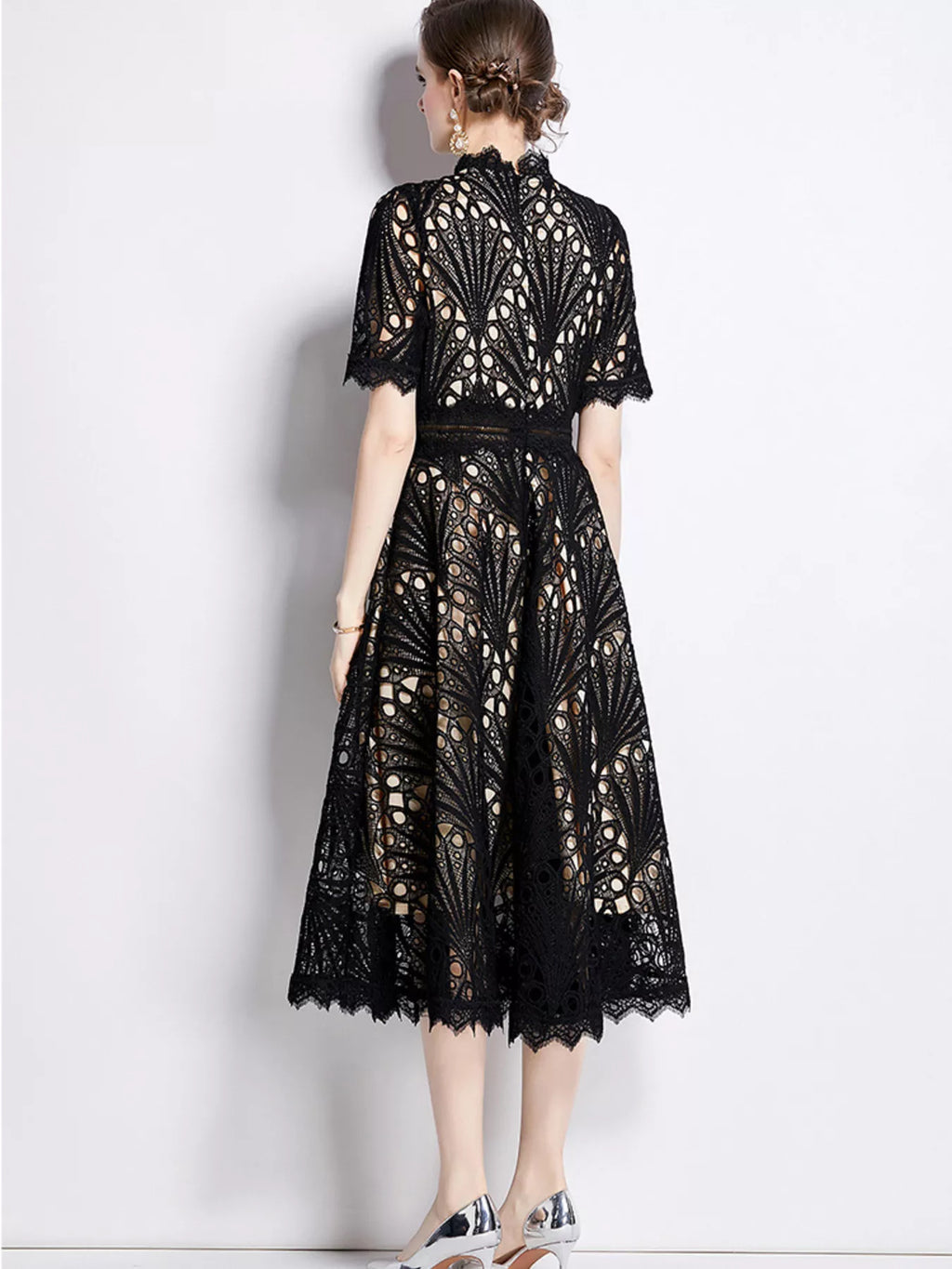 Pink lace short sleeve midi dress front view