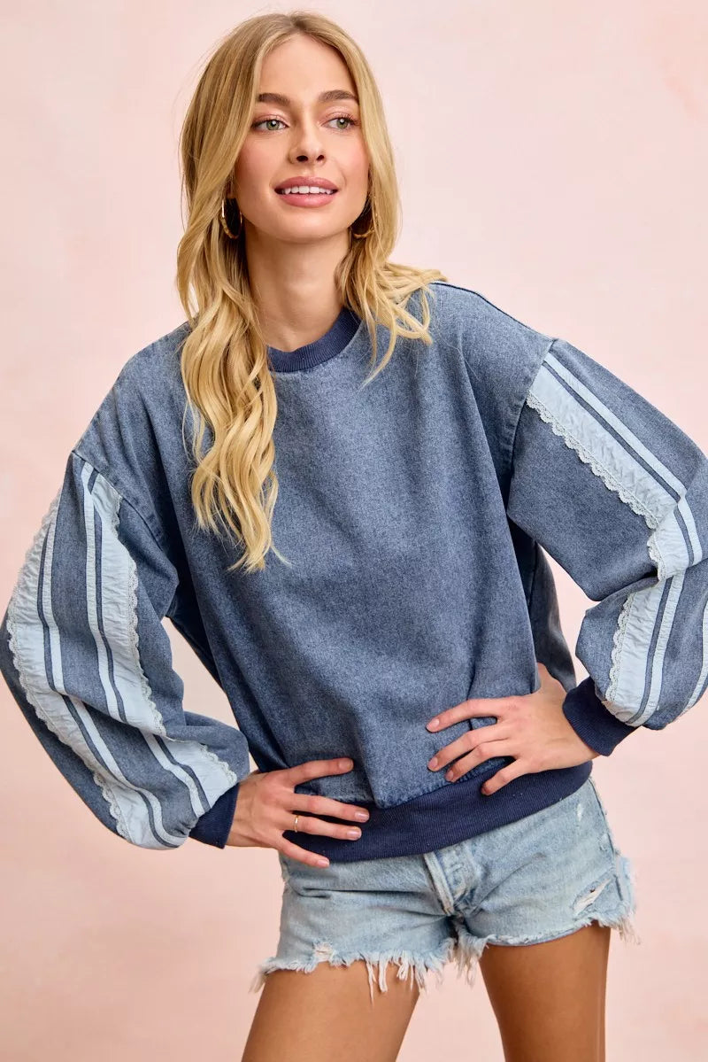 Lace side panel texture of denim sweatshirt