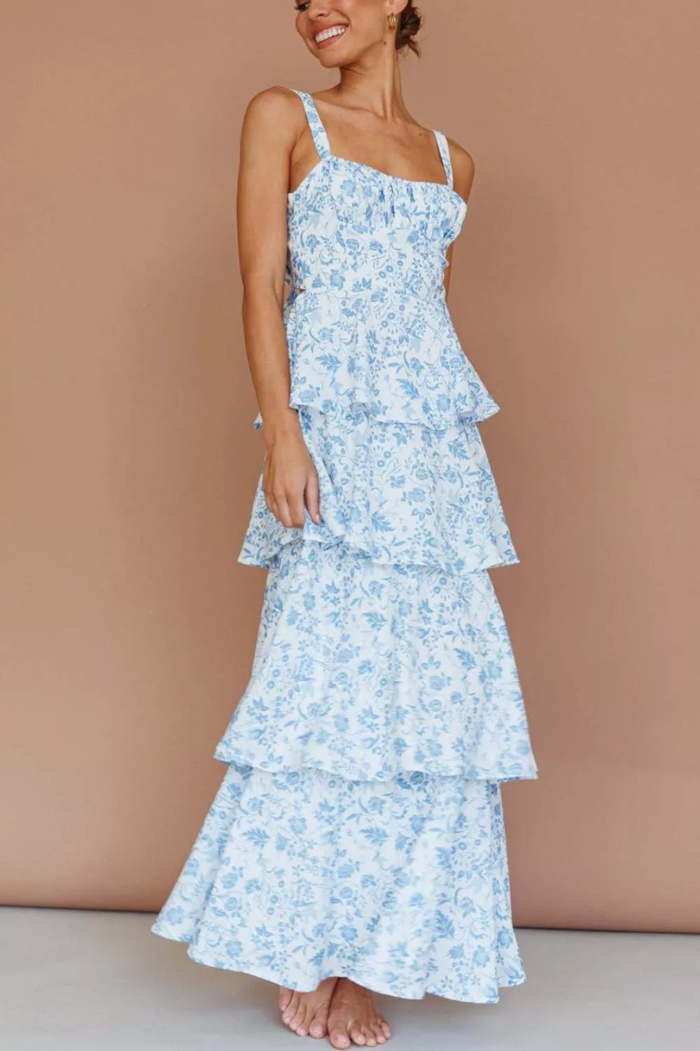 Ruched bodice detail on floral maxi dress