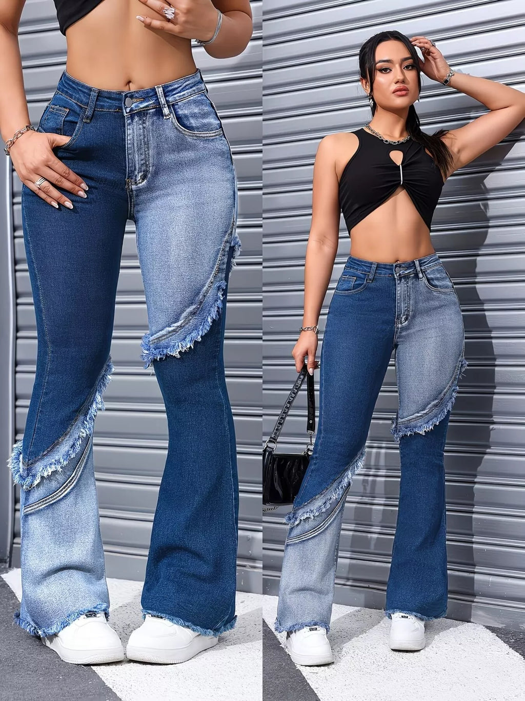 Frayed hem detail on blue flare jeans