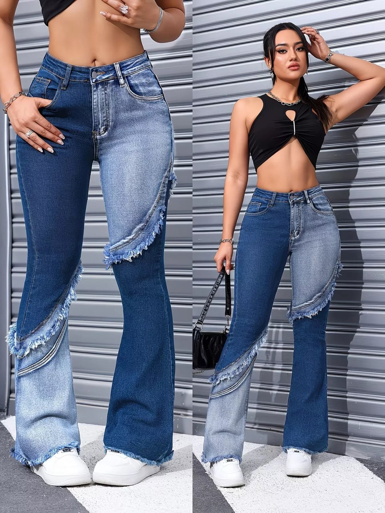 Frayed hem detail on blue flare jeans