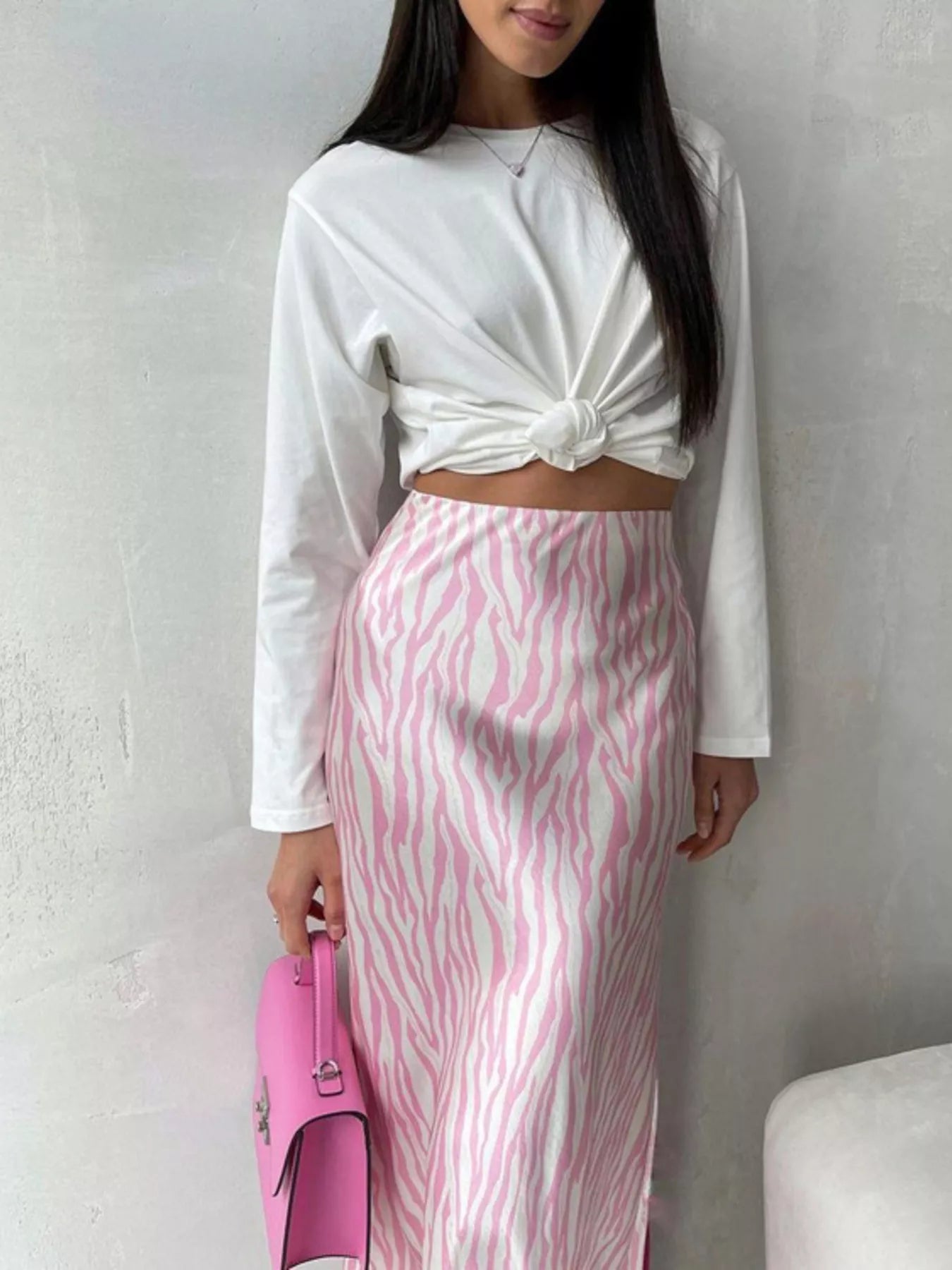 Zebra print satin skirt hem detail