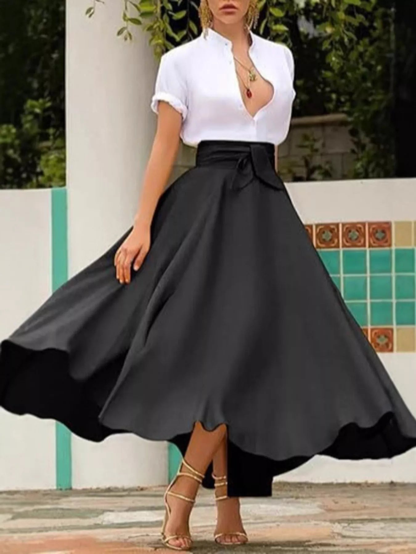 Black tie waist skirt styled outfit view