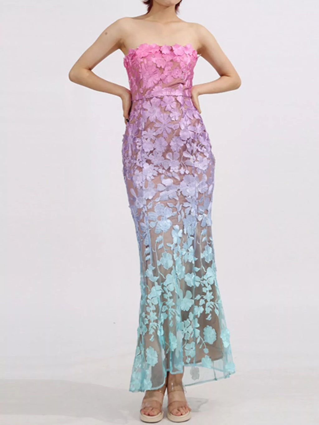 Back view of embroidered tube maxi dress with zipper