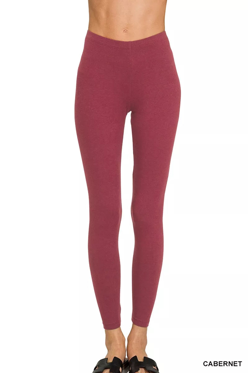 Premium cotton full length leggings front view in cabernet