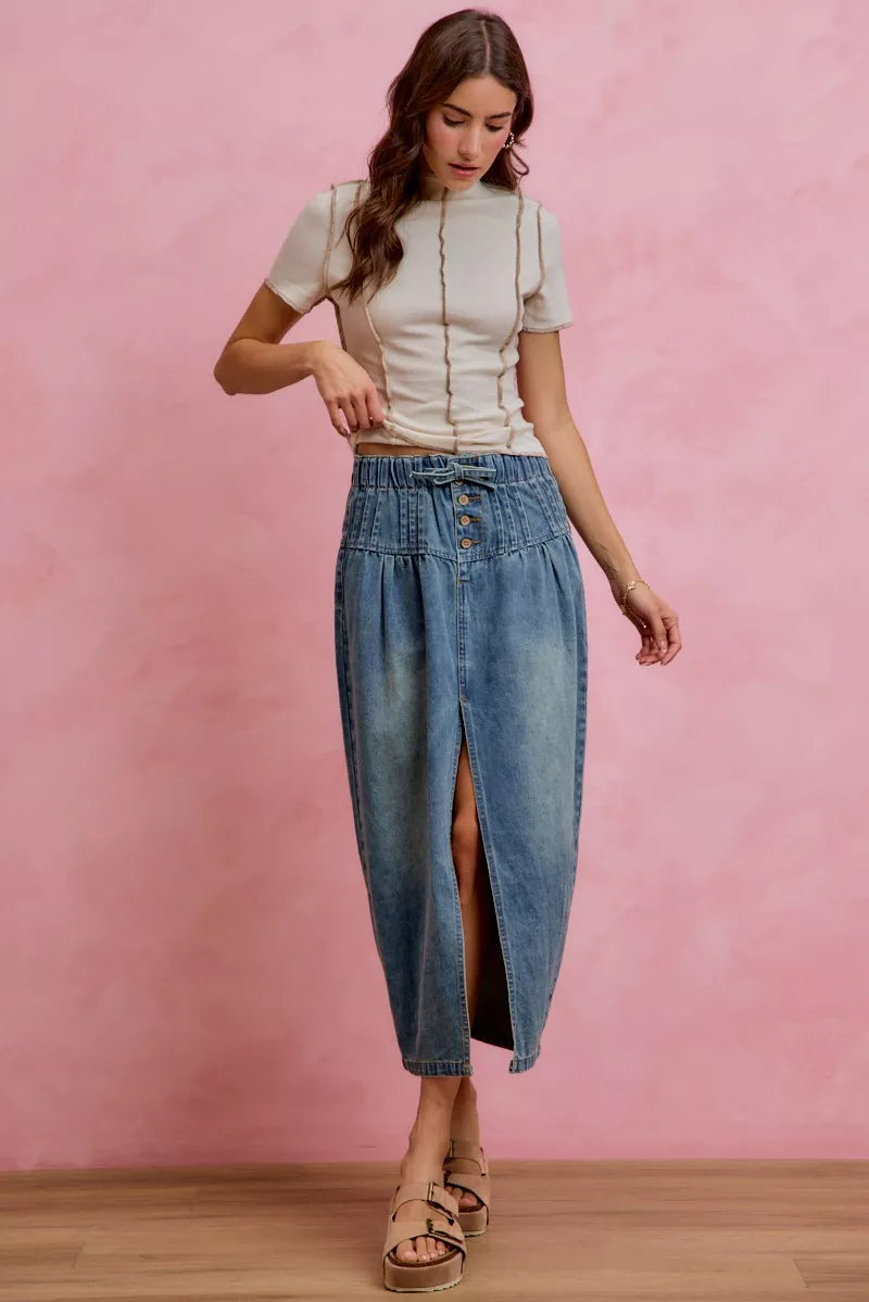 Washed denim front slit skirt back view