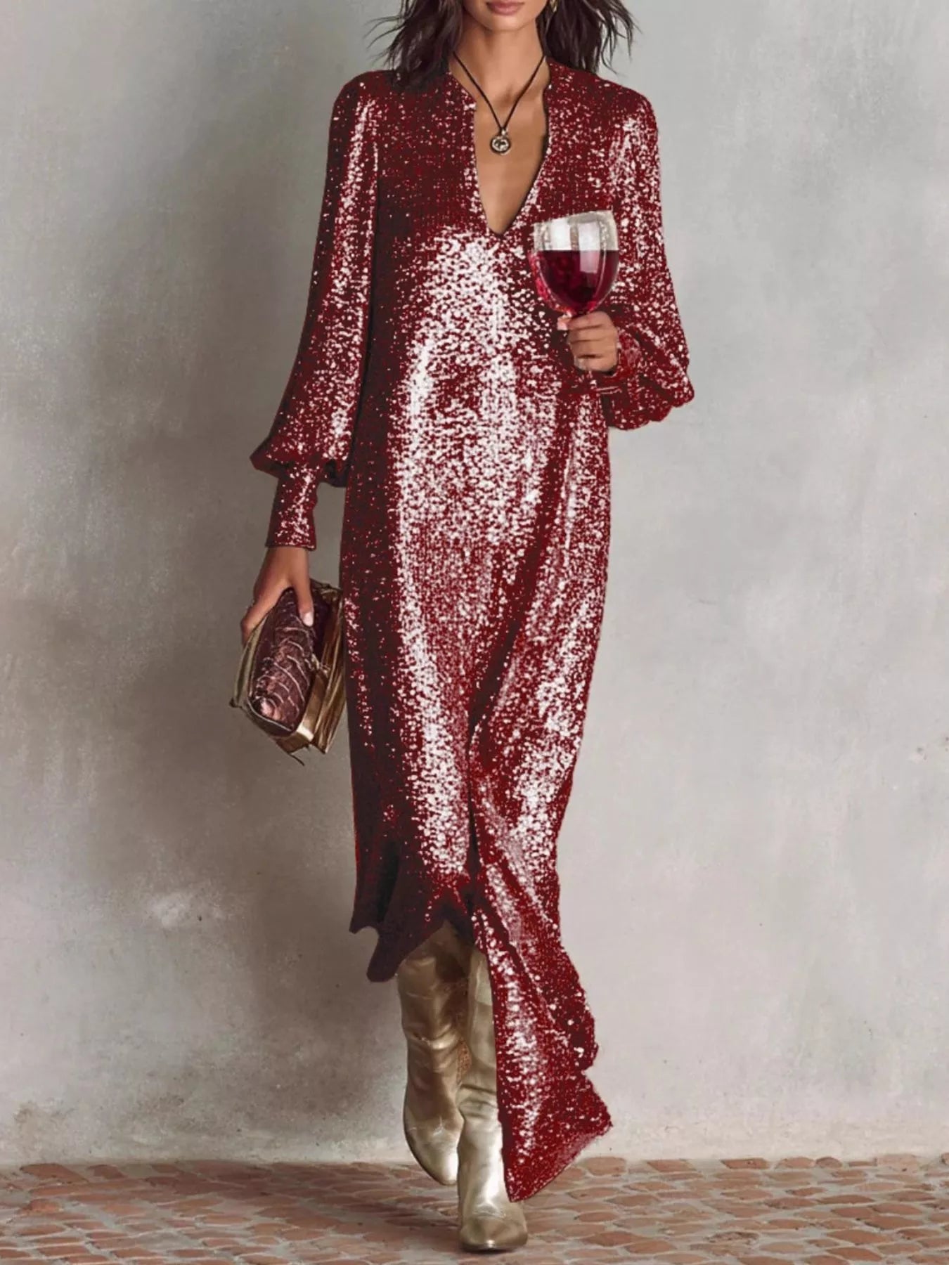 Sequin lantern sleeve maxi dress sleeve detail