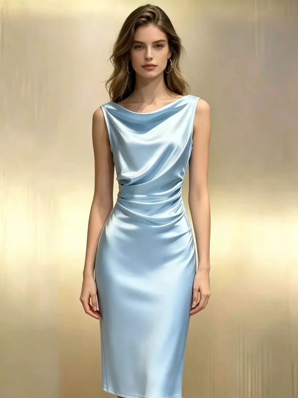 Light blue satin cowl neck ruched sleeveless dress front view