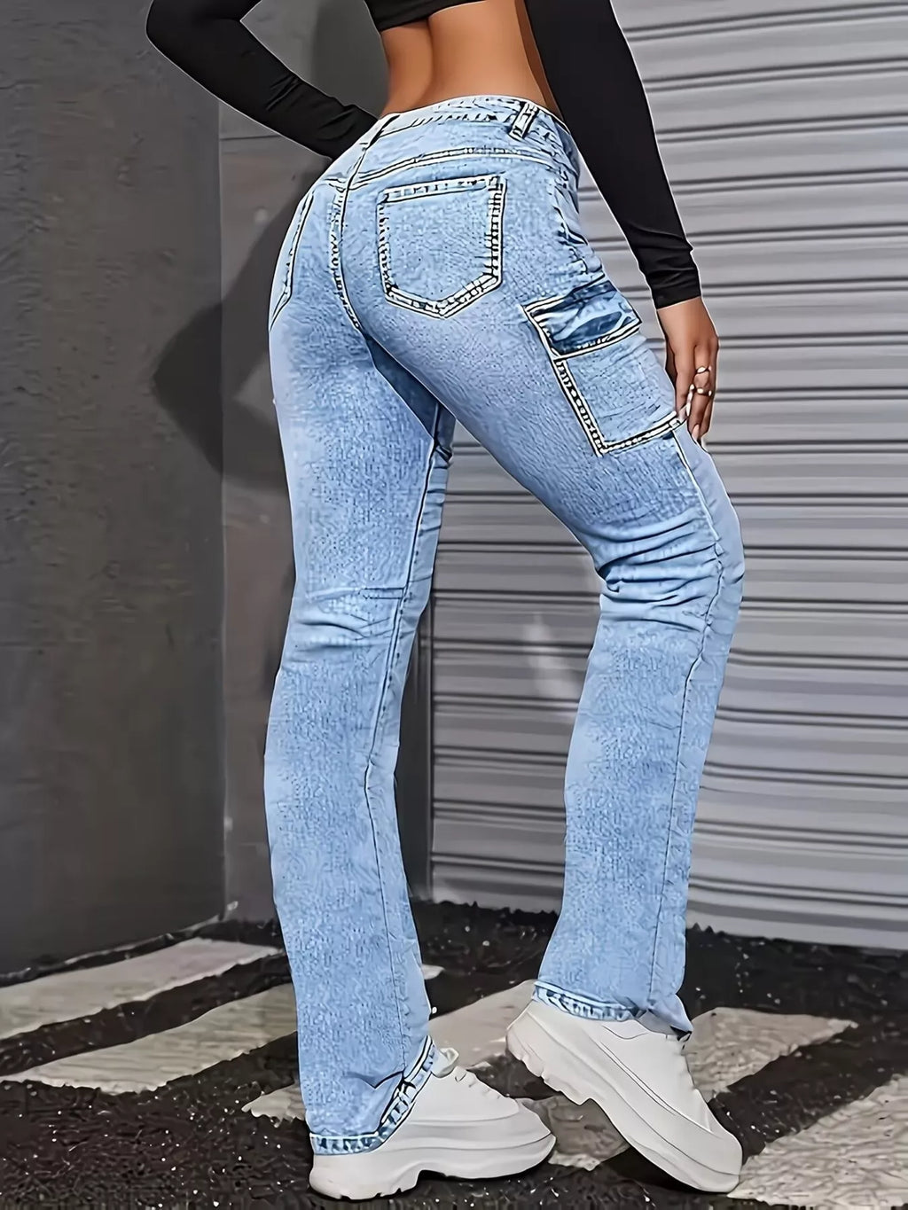 Washed blue jeans back view