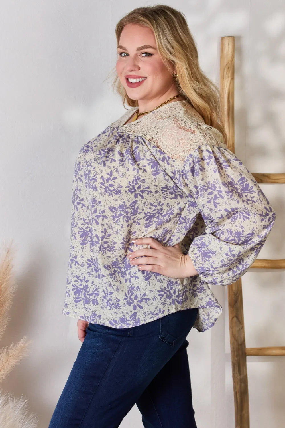Printed blouse full length on curve model