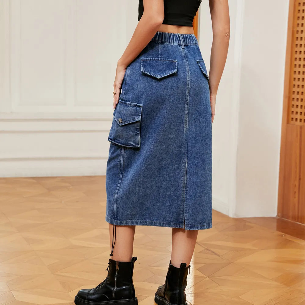 Denim blue ruched midi skirt on model