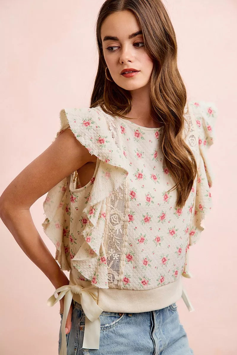 Close up of red flower print fabric on top