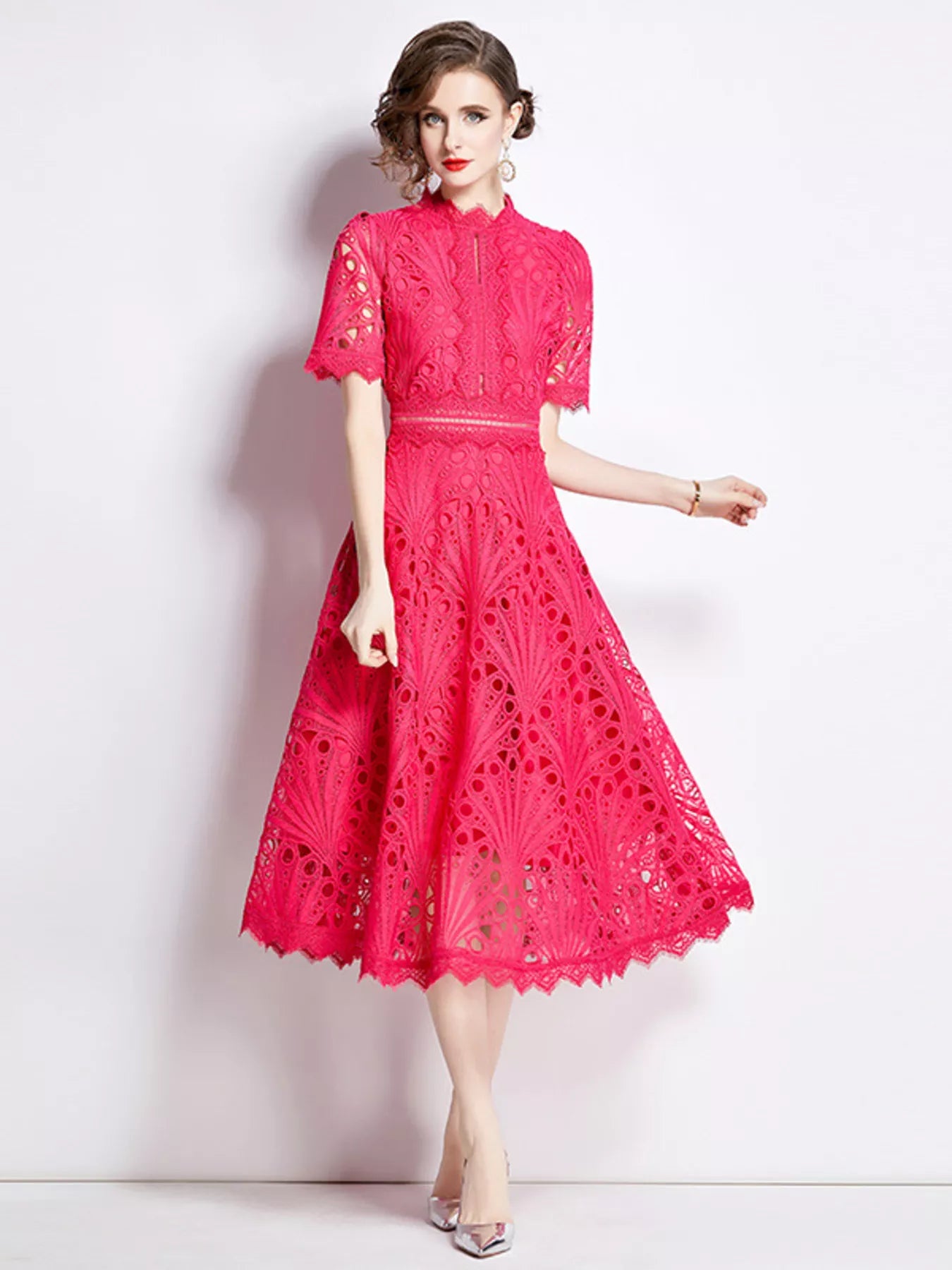 Lace short sleeve midi dress styled for special occasion