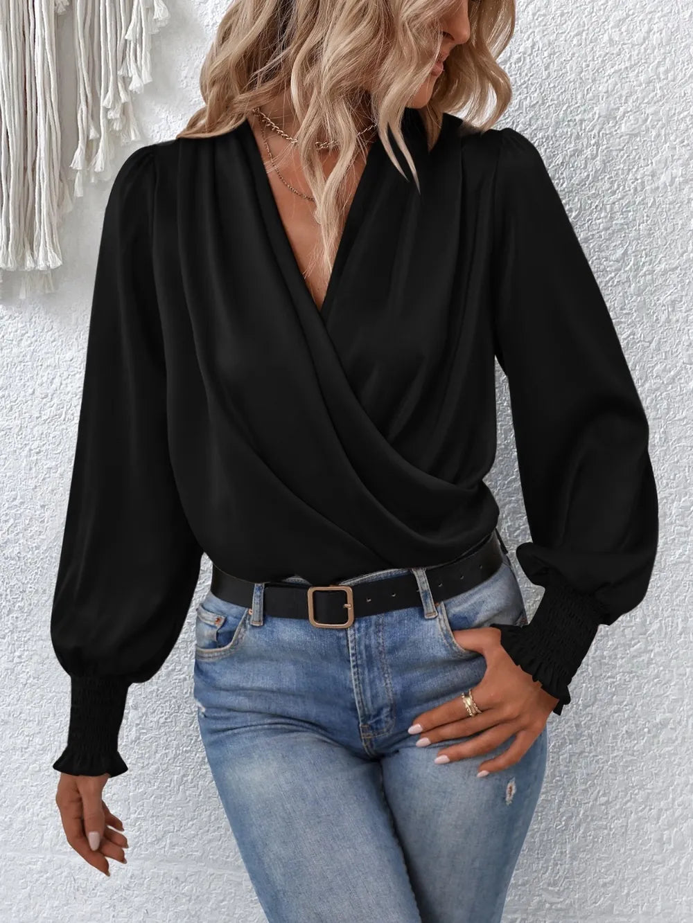 Lantern sleeve blouse side view on model