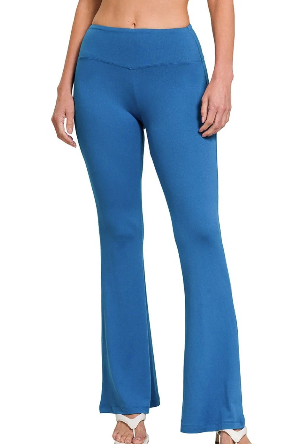 Buttery soft flare leg high waist yoga pants in classic blue, front view