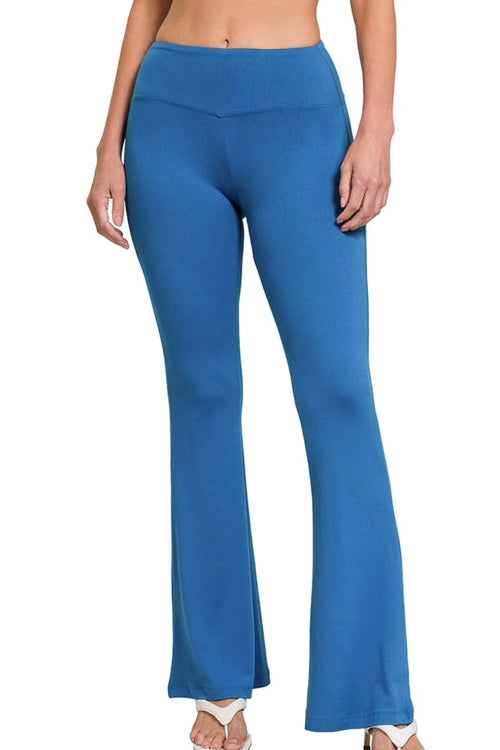 Buttery soft flare leg high waist yoga pants in classic blue, front view