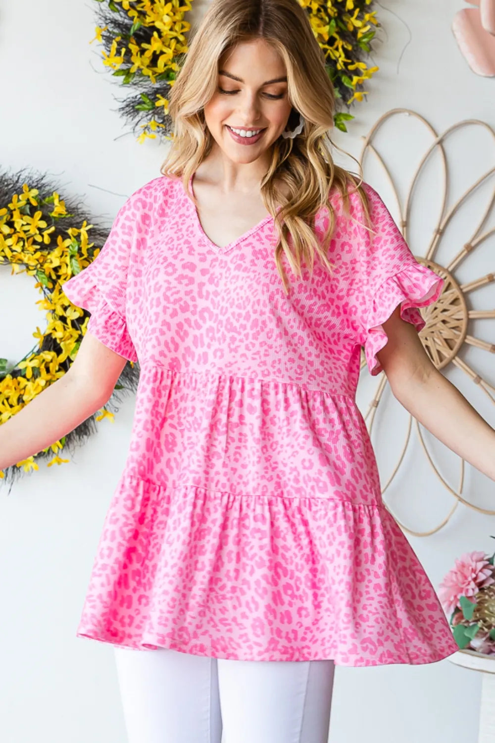 Leopard ruffle trim short sleeve top front view