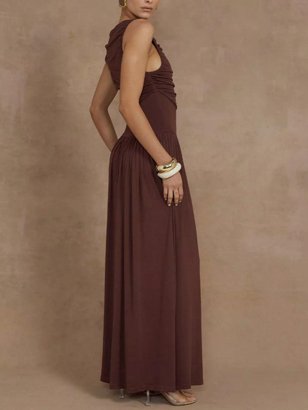 Ruched maxi dress back view on model