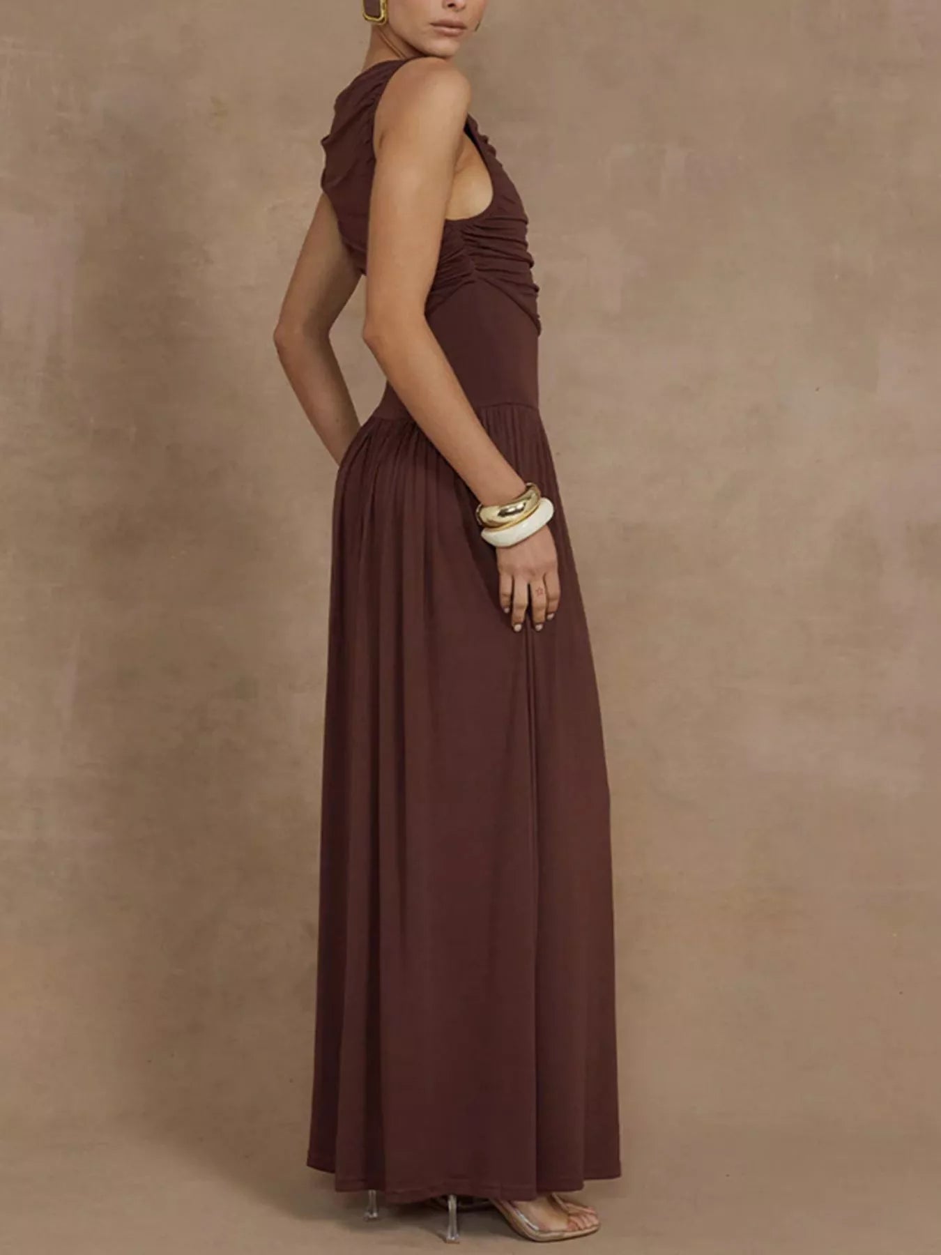 Ruched maxi dress back view on model