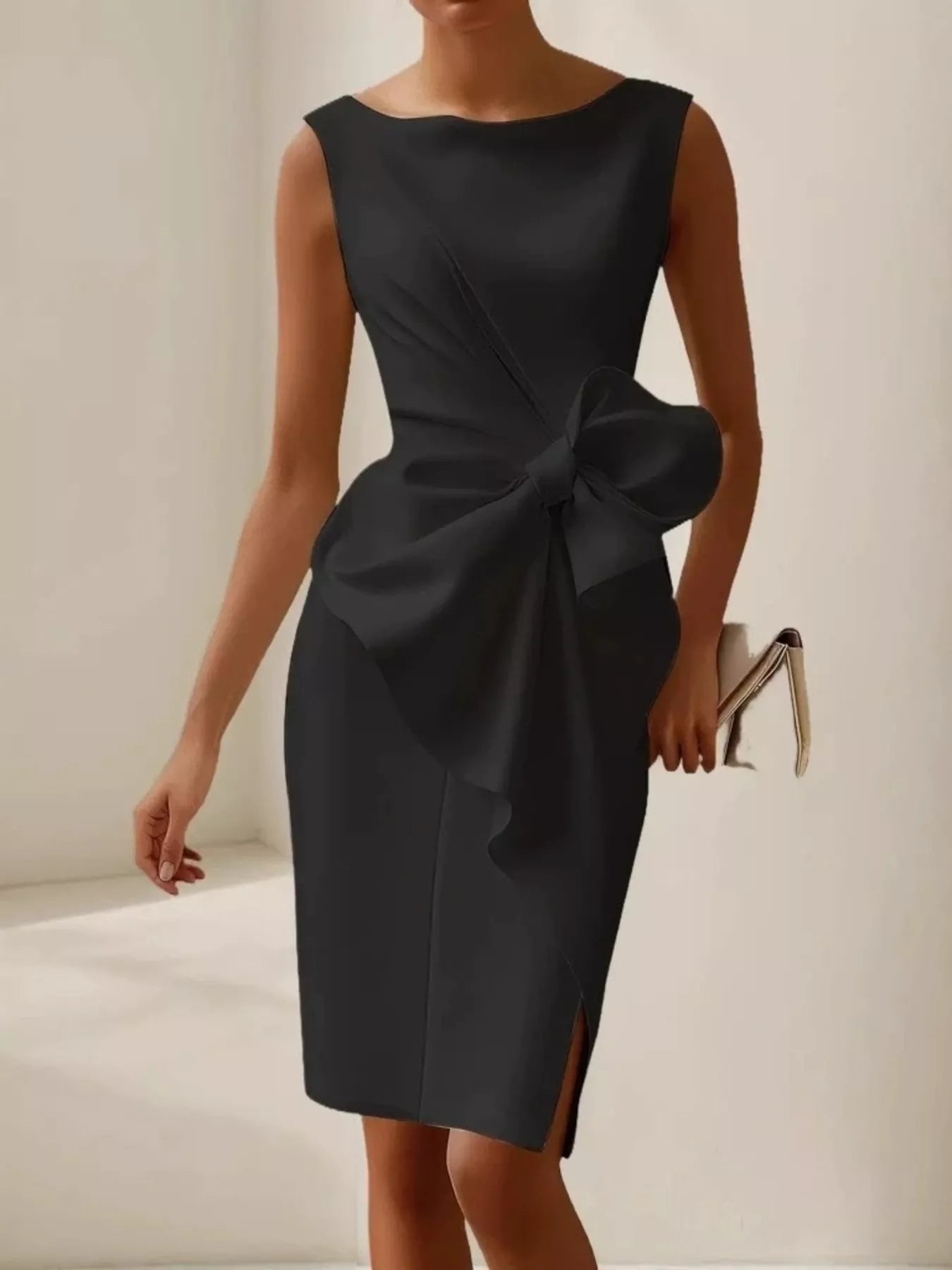 Black bow detail sleeveless dress front view