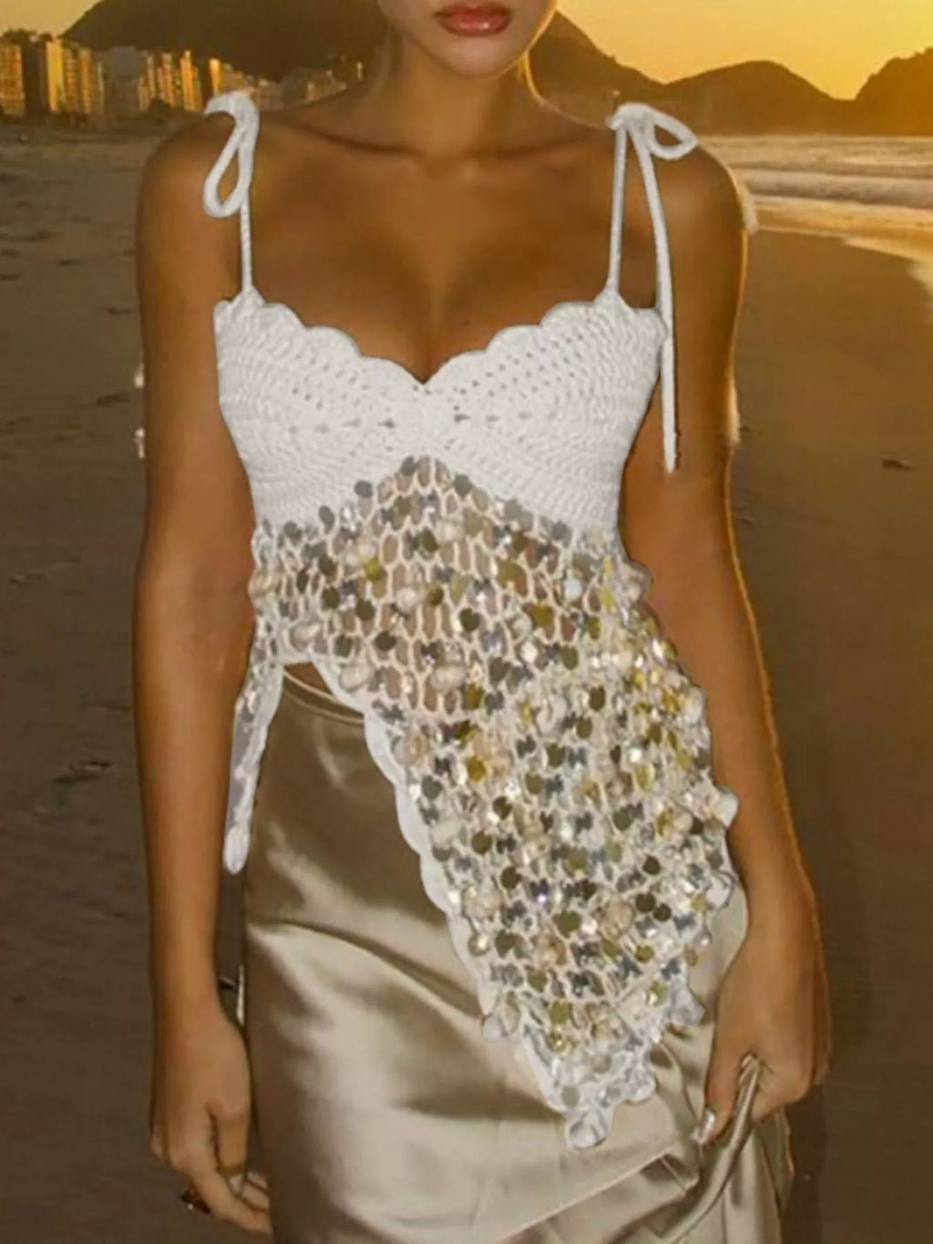 Tie strap detail on crochet knit cami