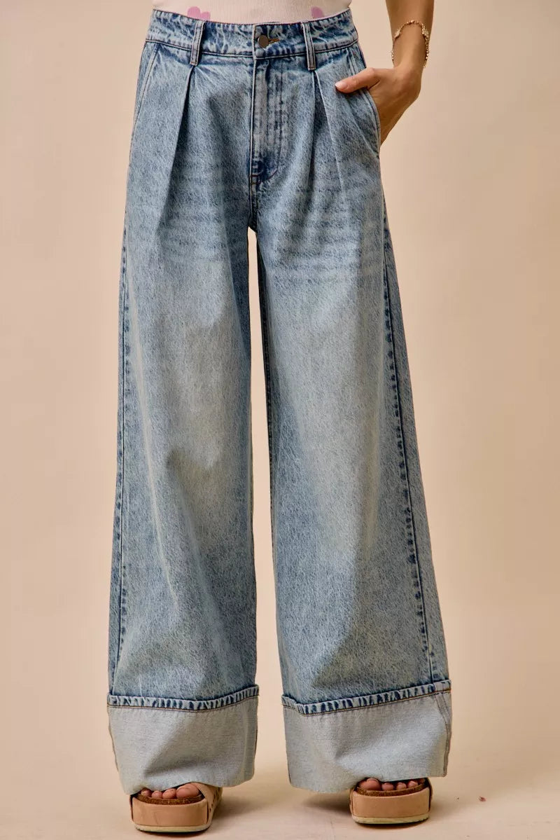 Pleated wide leg denim jeans side view