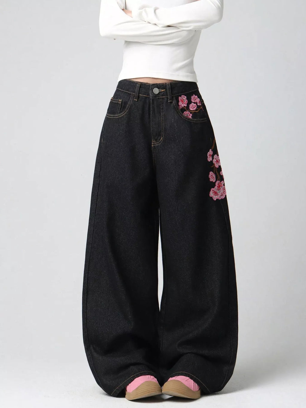 Embroidered black jeans back view