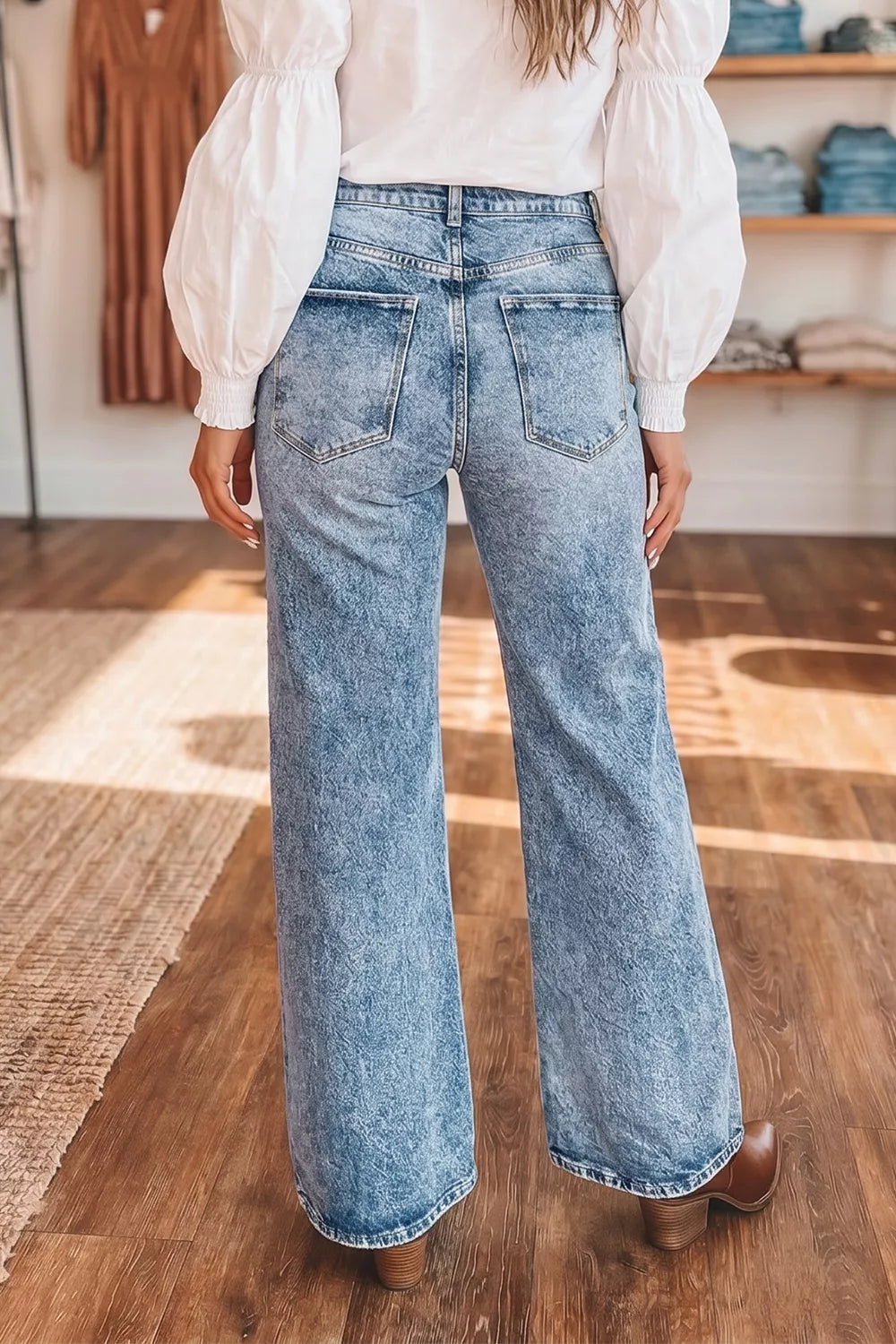 Acid wash flare jeans back view
