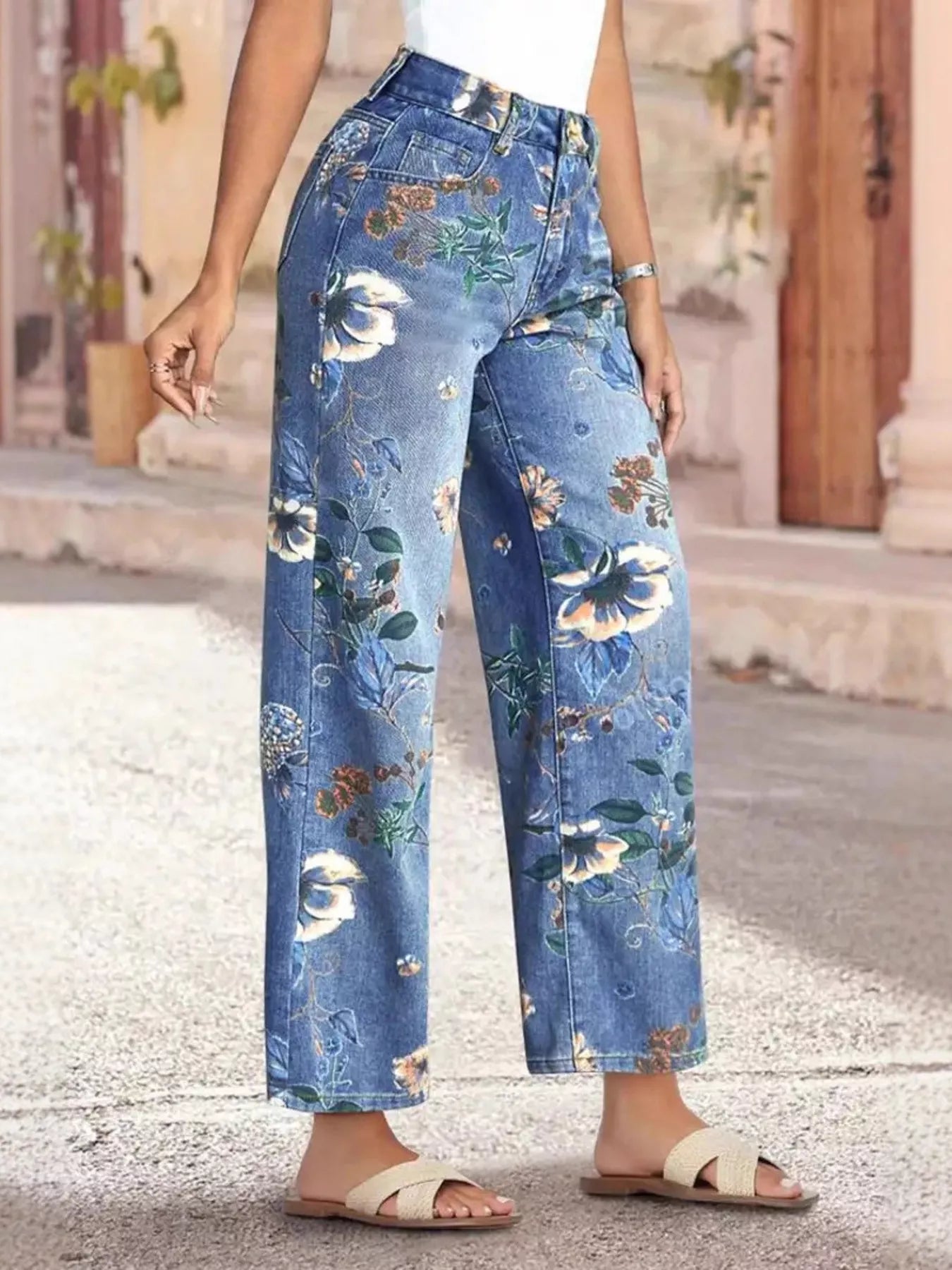 Floral print wide leg jeans back view showing pockets