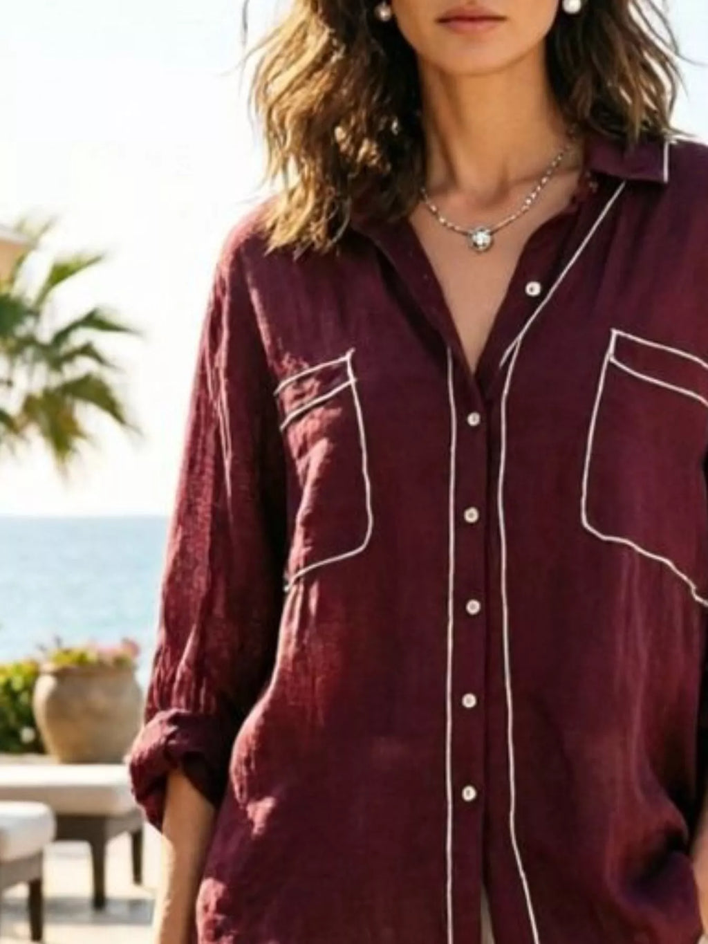 Model styling contrast trim button up shirt