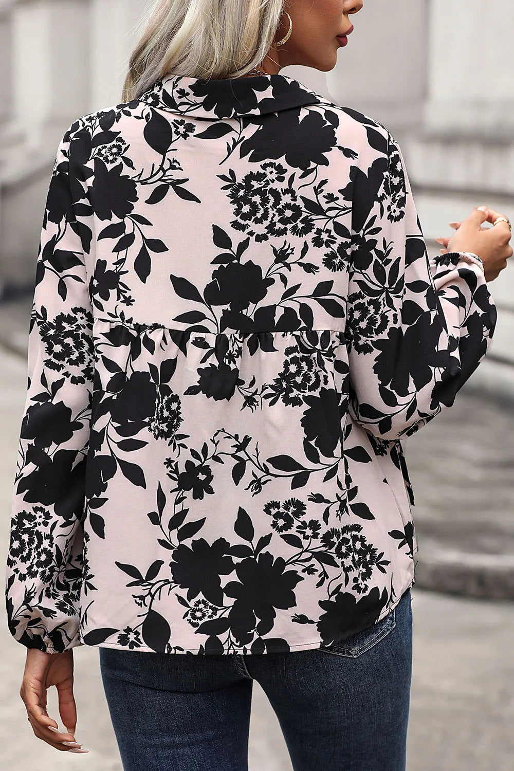 Tie neck blouse showing self tie neckline detail