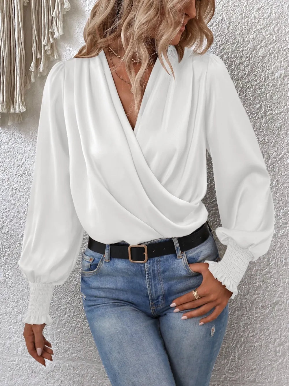Smocked lantern sleeve blouse in black