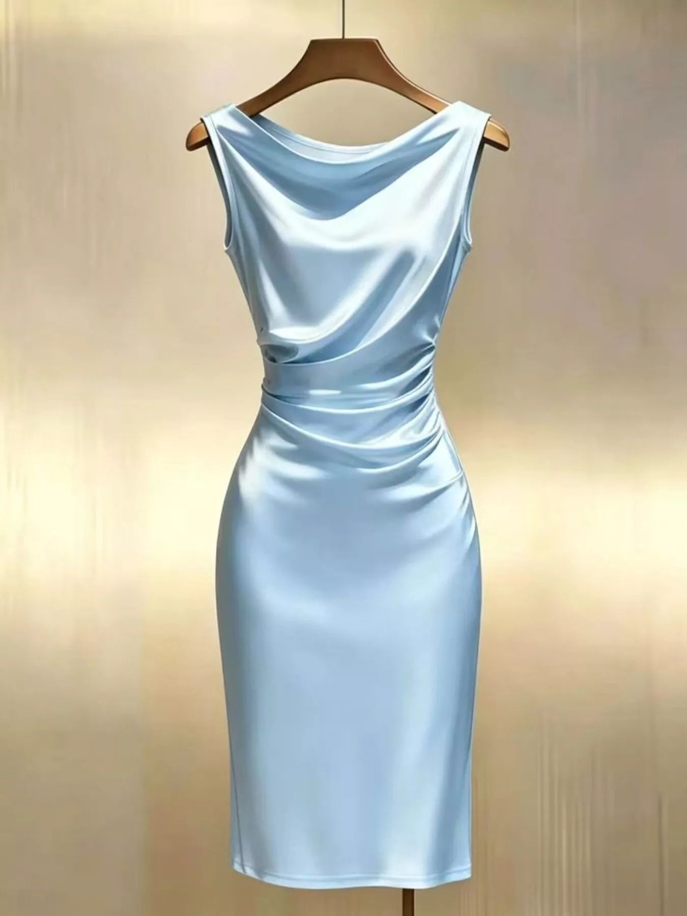 Satin cowl neck dress side view showing ruched waist