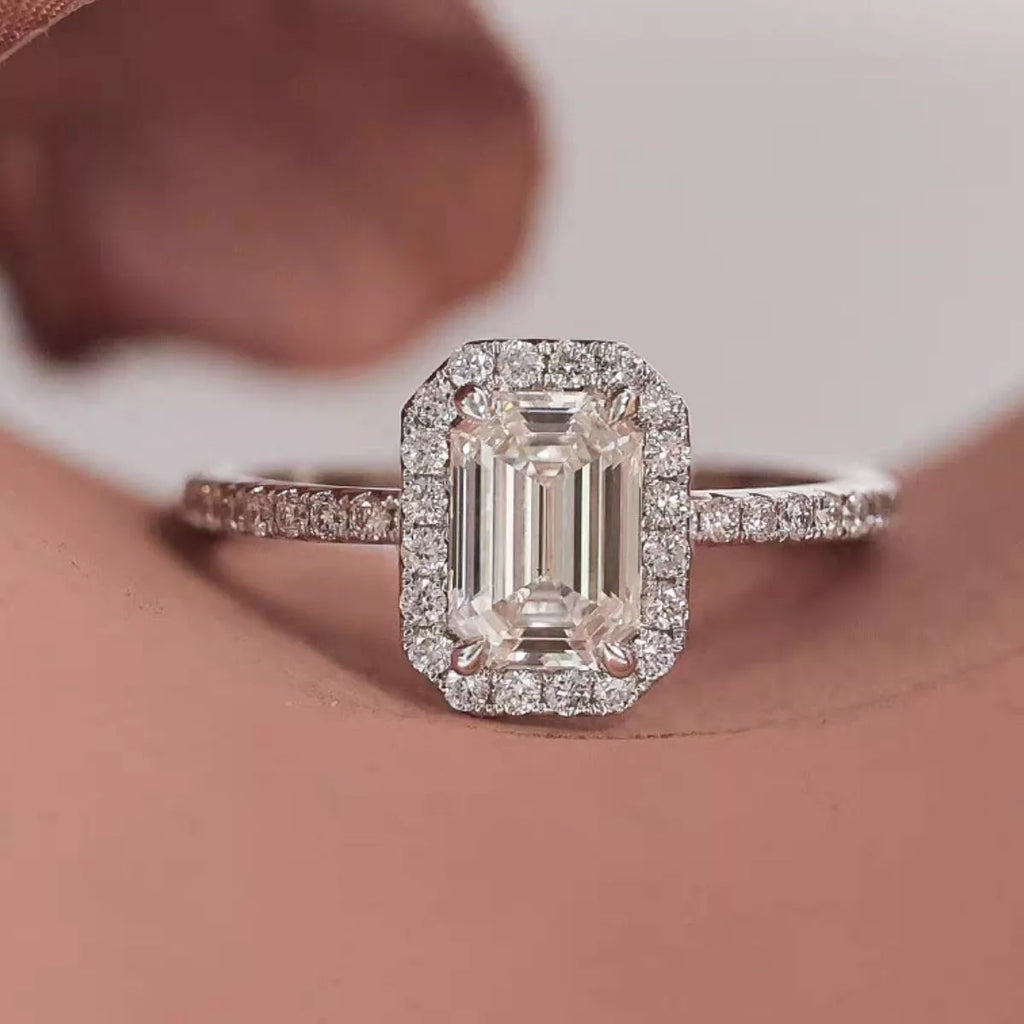 Moissanite engagement ring detail view