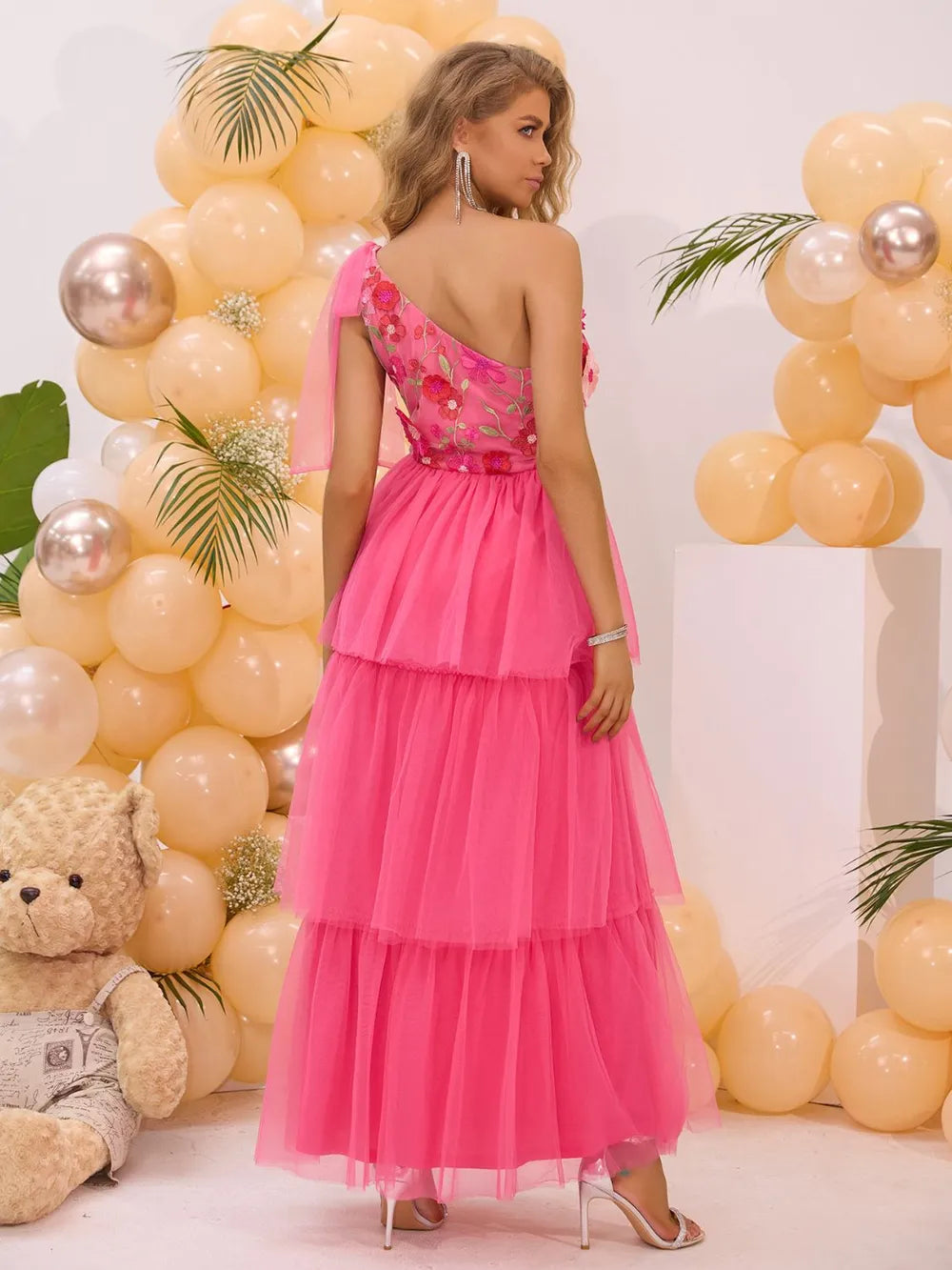 Single shoulder midi dress side view on model