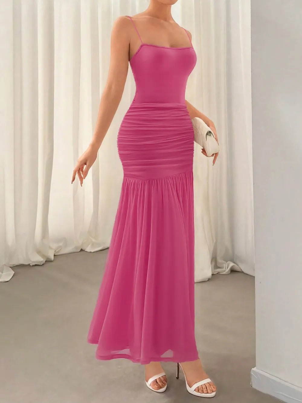 Ruched detail on deep rose cami maxi dress