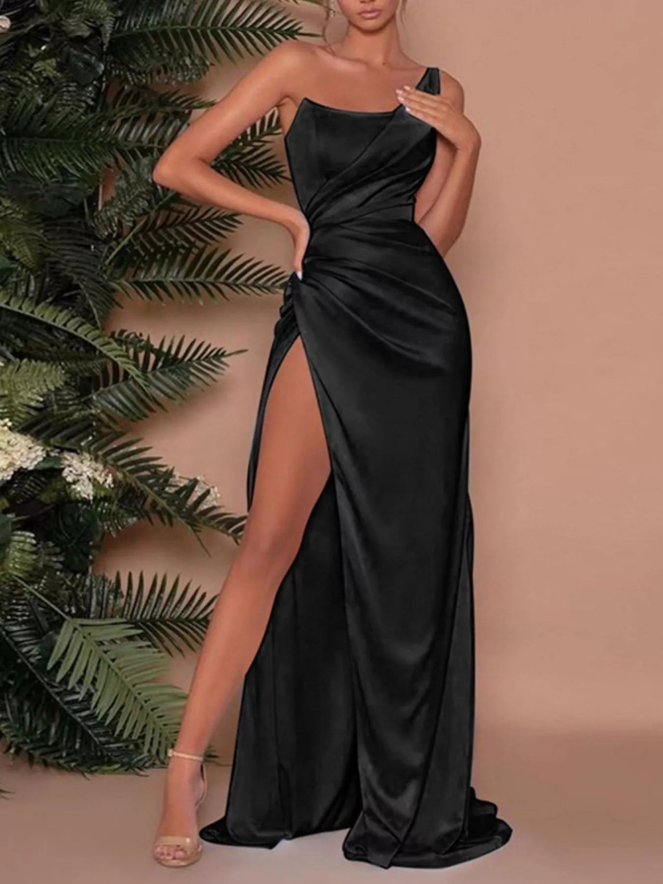 High slit satin maxi dress detail