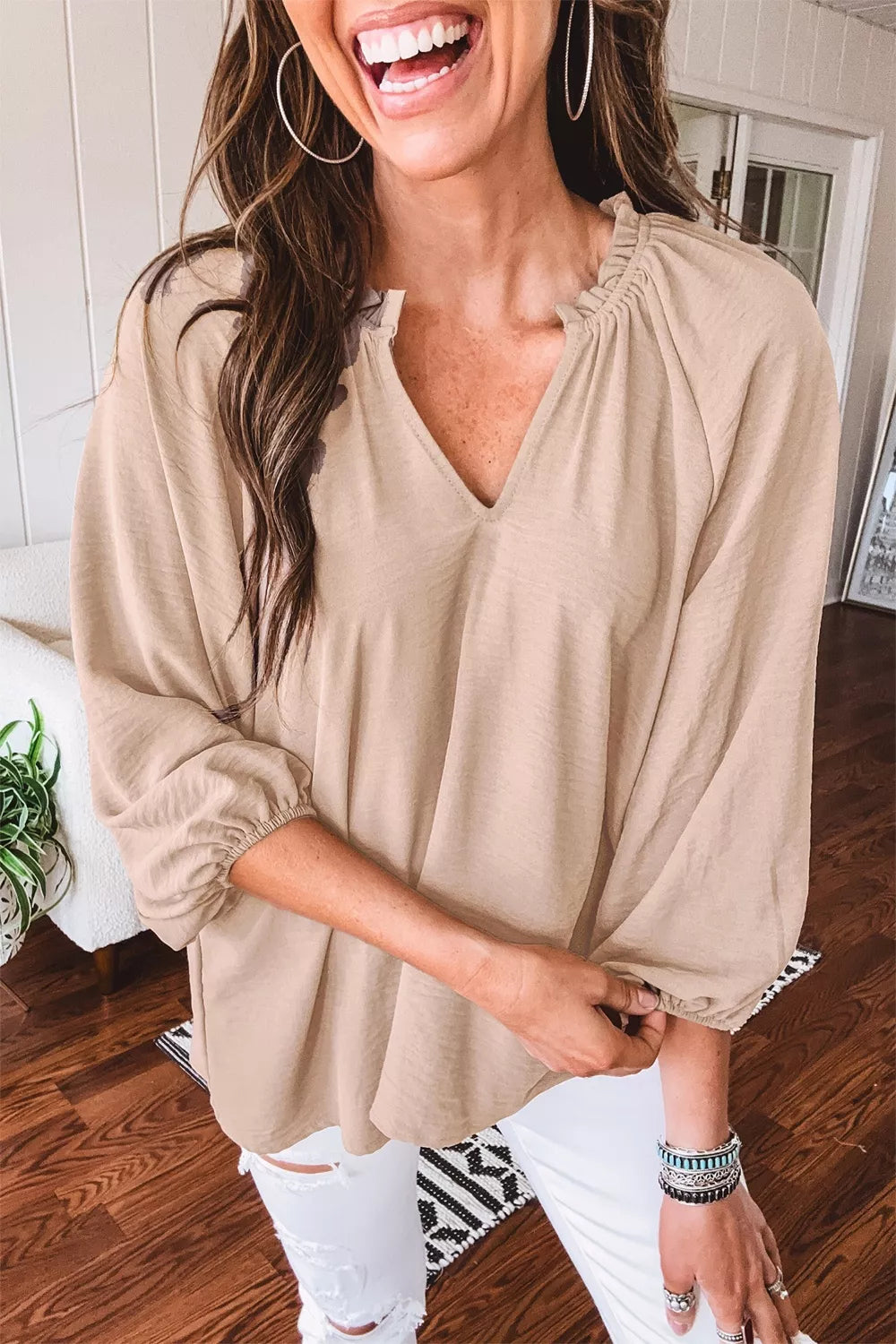 V neck blouse gathered cuff sleeve detail