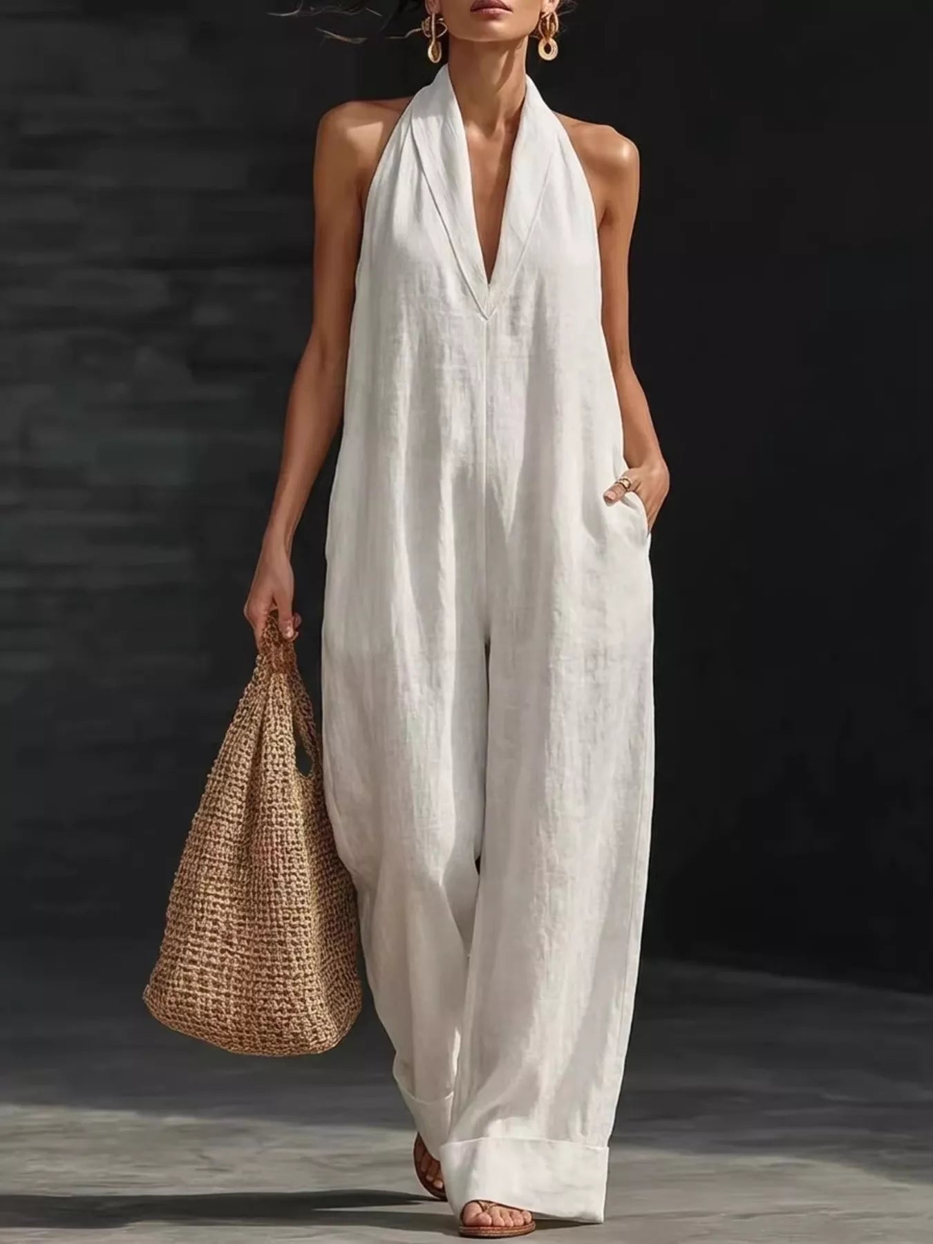Halter neck wide leg jumpsuit front view