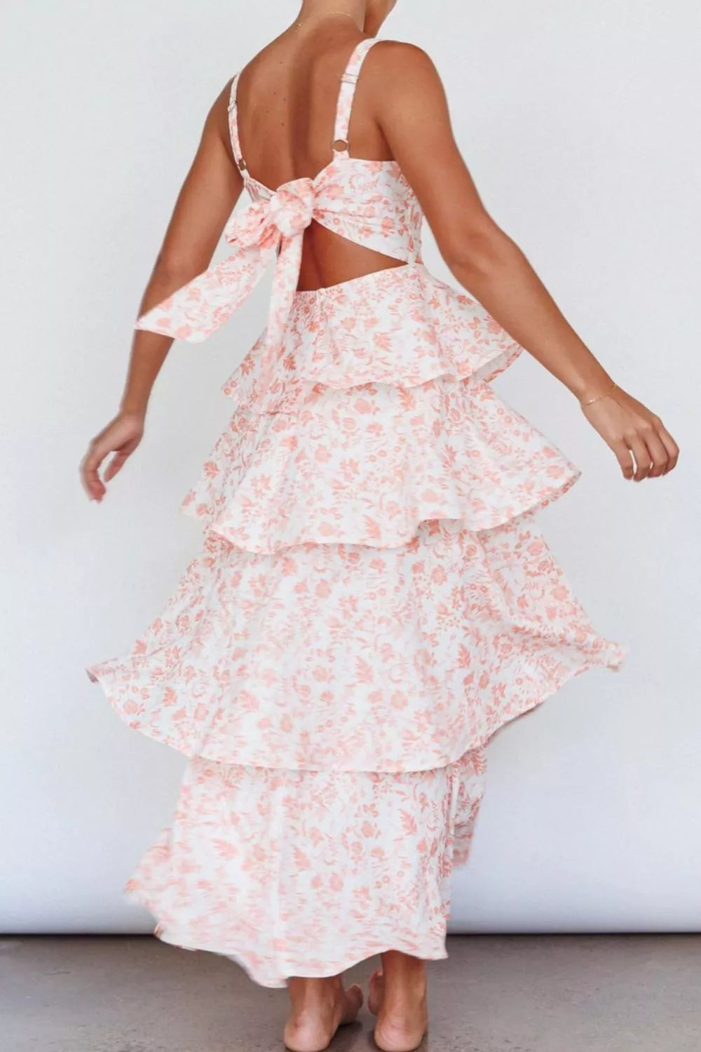 Fuchsia pink tiered maxi dress on model